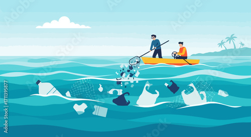 Illustrative Depiction of Ocean Cleanup Efforts by Volunteers in a Kayak Used to Promote Environmental Awareness Campaigns and Sustainable Practices