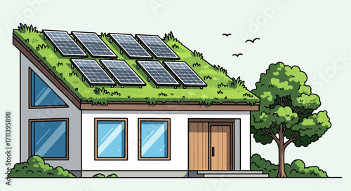 Eco-Friendly House with Green Roof and Solar Panels, Promoting Sustainable Living and Renewable Energy Solutions for Modern Residential Architecture.