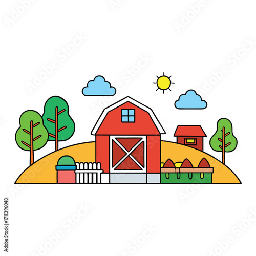 A peaceful farm scene with barns, green fields, animals grazing, and crops swaying in the breeze, capturing the simple beauty of rural life and nature’s harmony.
