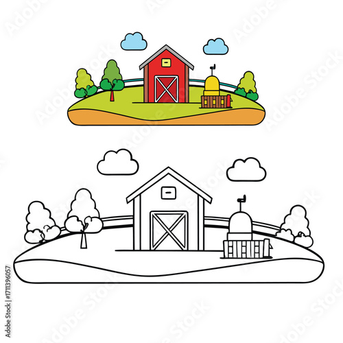 A fun farm scene coloring page featuring barns, animals, tractors, and fields. Kids can bring the countryside to life with colors, sparking creativity and joy.
