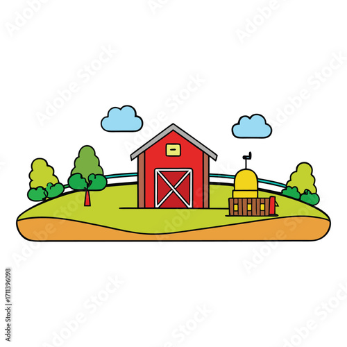 A peaceful farm scene with barns, green fields, animals grazing, and crops swaying in the breeze, capturing the simple beauty of rural life and nature’s harmony.

