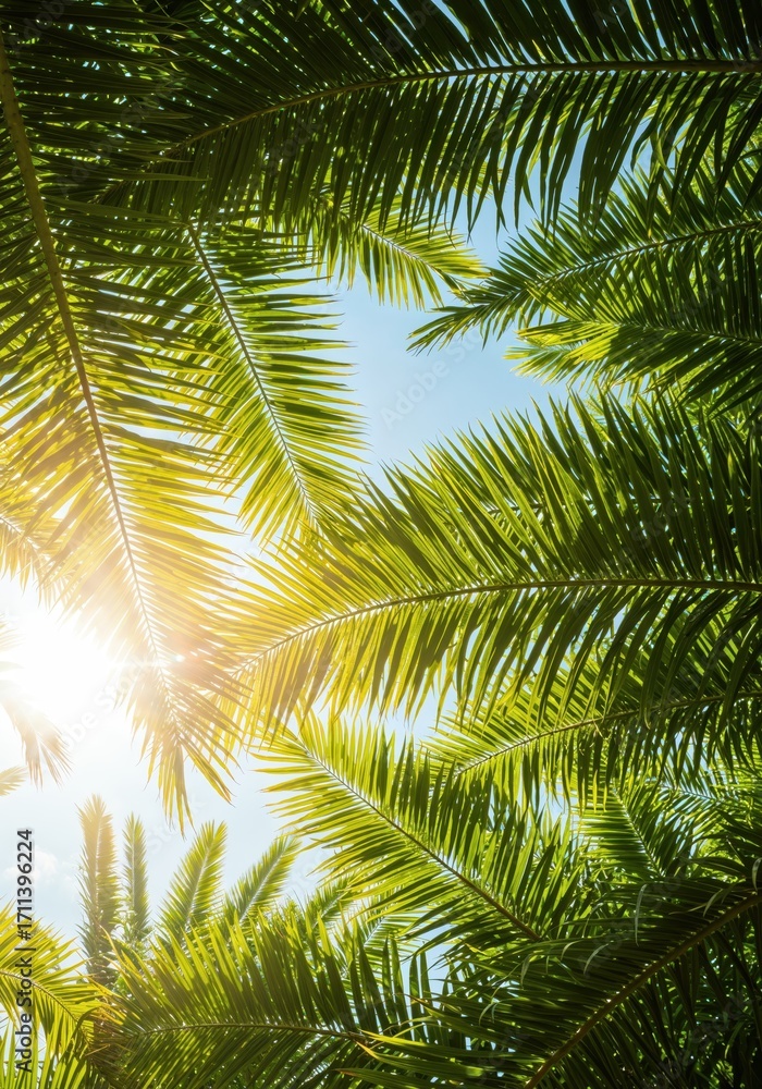 Fototapeta premium Tropical Canopy: A sun-drenched view through a vibrant green palm frond canopy, with the bright blue sky peeking through, creating a refreshing and exotic atmosphere.