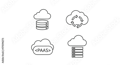 Vector illustration of cloud computing and platform as a service concept data storage, backup, and server icons in cloud outline style