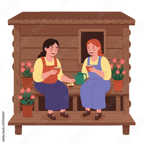 Two happy rural women share a laugh and sip herbal tea on a rustic wooden porch with vibrant potted flowers, depicted in a flat 2D vector illustration style.