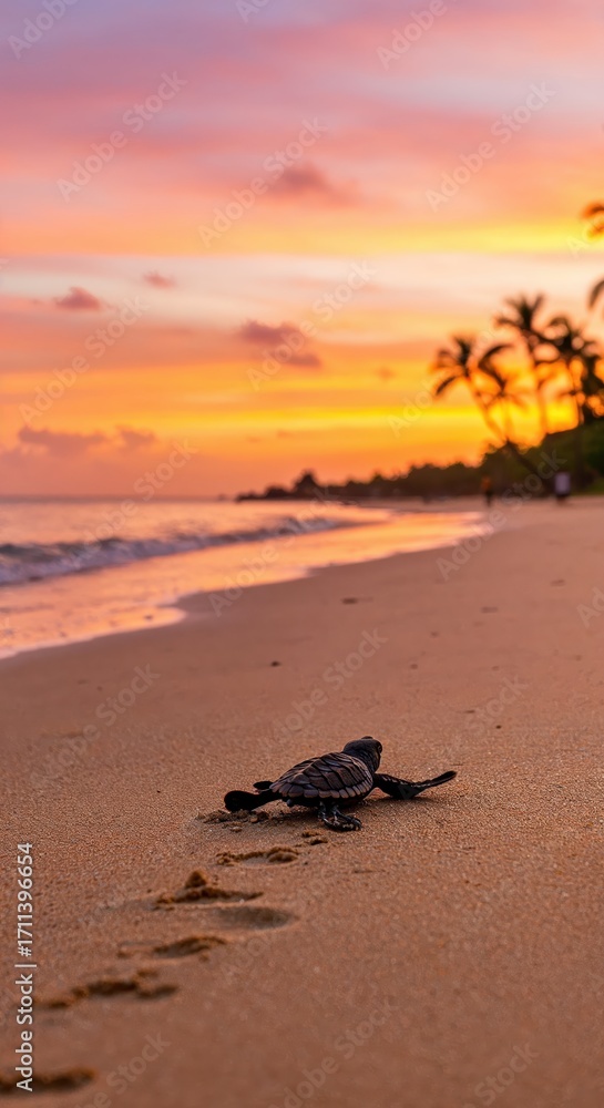 Obraz premium Newborn Turtle's Journey: Witness the epic crawl of a newborn turtle towards the ocean, set against a breathtaking sunset, showcasing nature's tender moments. 