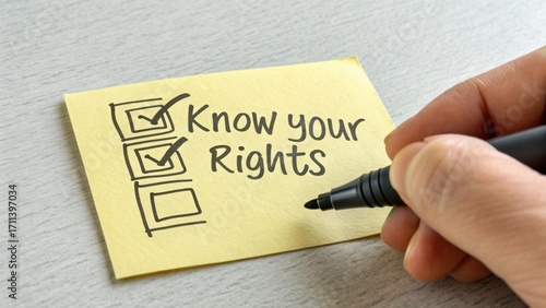 Hand holding pen writing on sticky note reminding individuals to know their rights in legal situations