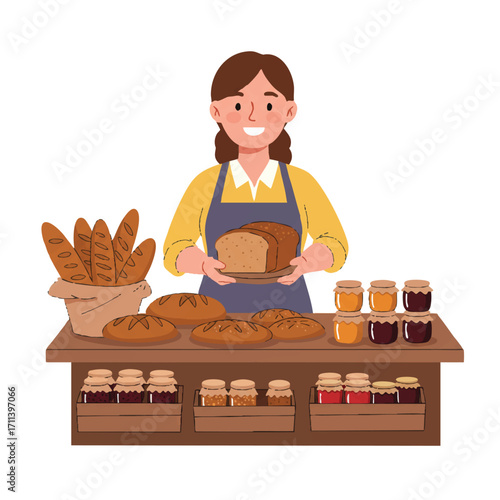 Vibrant 2D flat vector illustration of a smiling rural woman proudly displaying homemade bread and preserves at her bustling farmer's market stall, exuding warmth.