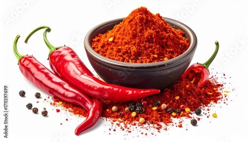 “Isolated red chili peppers and ground chili powder with peppercorns, vibrant and detailed render on white and transparent background,