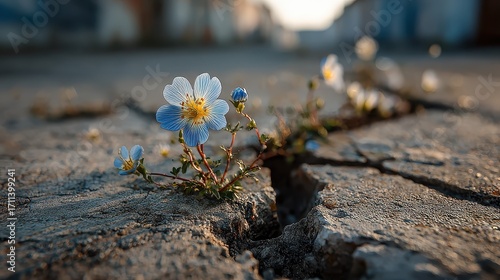 Delicate blue flower bravely pushing through cracked concrete, symbolizing resilience and hope in harsh environments.