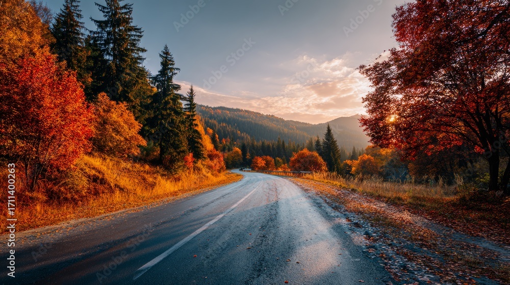 Obraz premium Road in autumn forest at sunset.
