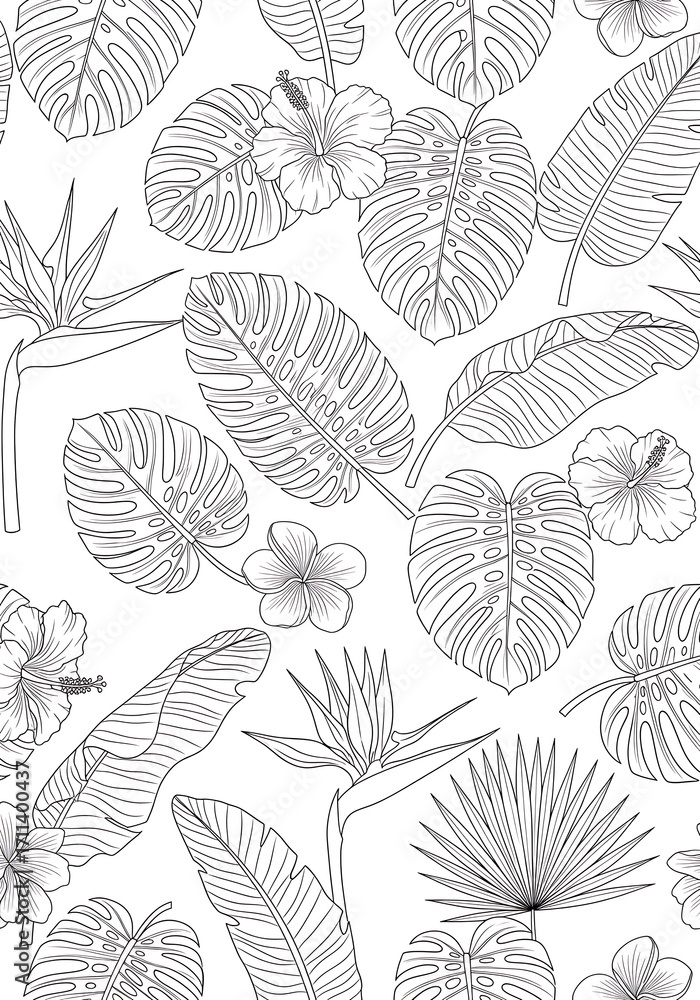 Elegant tropical foliage outline seamless pattern, contemporary floral theme Elegant tropical foliage outline seamless pattern, contemporary floral theme