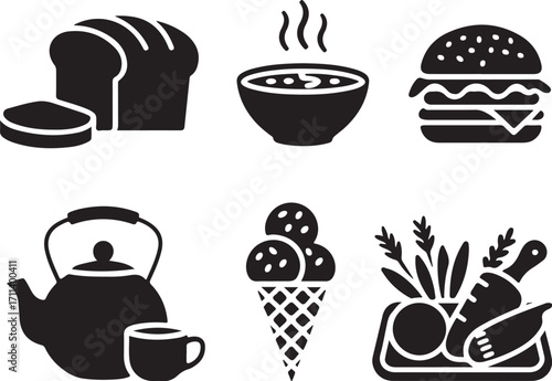 Delicious food icons: bread, soup, burger, tea, ice cream, veggies