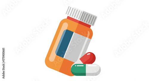Medicine bottle with red and green capsules.