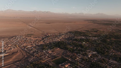 Aerial view of San Pedro de Atacama at sunset, magical summer evening light over one of Chile’s most iconic desert towns