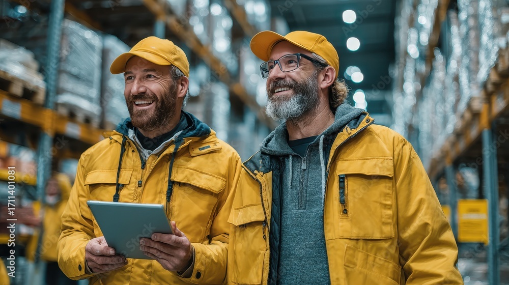 Fototapeta premium Smiling warehouse workers in yellow jackets review inventory on a tablet amidst modern storage shelves, conveying teamwork and efficiency
