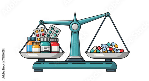 Pharmaceuticals on a balance scale representing medication cost and dosage.