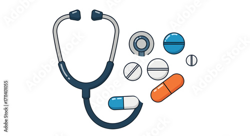 Stethoscope and Pills Medical Equipment and Medication for Healthcare.