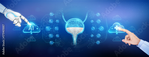 Doctor finger and robot touching plus sign and AI in clouds. Bladder organ translucent polygon with medical network icons. Cyborg human collaboration. Health care technology digital. Banner vector.