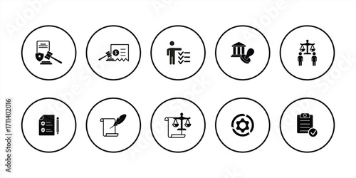 Regulation icon set. Contains icons for rules, authority, behavior, laws, guidelines, sanctions, governance, ethics, compliance, and procedures. Vector illustration.