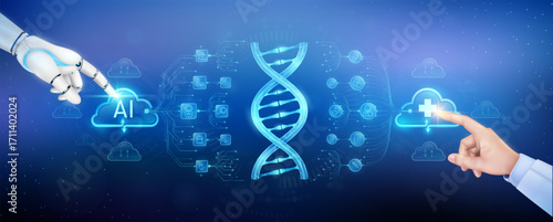 Doctor finger and robot touching plus sign and AI in clouds. DNA deoxyribonucleic acid translucent polygon with medical network icons. Cyborg human collaboration. Health care technology digital.