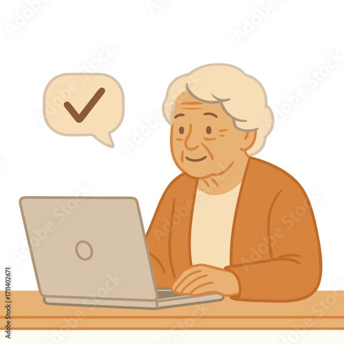 Flat vector illustration of an elderly woman using a laptop with a check mark symbol. Concept of senior internet user, online approval, digital skills for seniors, and successful action