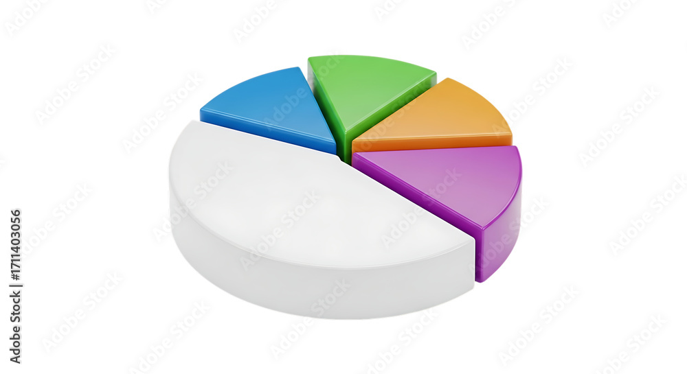 Obraz premium 3D pie chart with five colorful segments and one empty segment, isolated on transparent background.