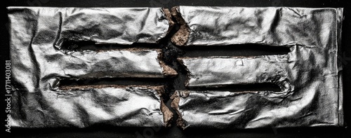 Torn, metallic-wrapped chocolate bars on a dark surface