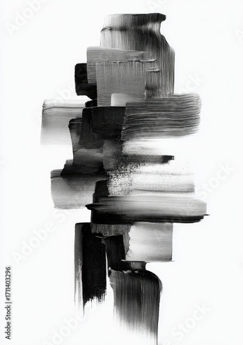 Abstract monochrome vertical composition of layered, thick brushstrokes in shades of gray and black against a white background
