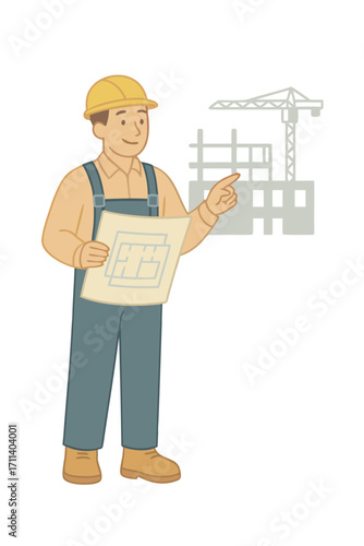 Builder in helmet holding a blueprint and pointing at a construction site with crane and unfinished building