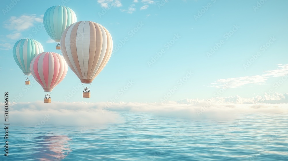 Fototapeta premium Colorful Hot Air Balloons Floating Above Serene Ocean and Soft Clouds in Clear Blue Sky