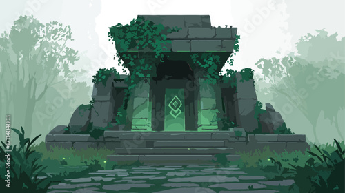 Ancient stone ruin in misty forest