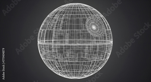 A detailed wireframe model of the Death Star from Star Wars, showcasing intricate 3D rendering and architectural design perfect for sci-fi or tech projects