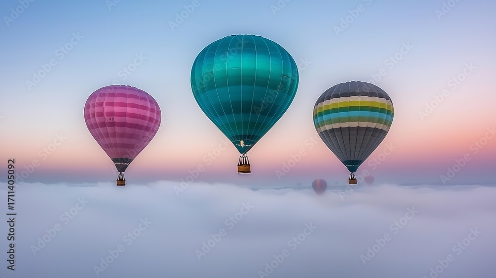 Fototapeta premium Colorful Hot Air Balloons Floating Above White Clouds During Beautiful Sunrise Sky