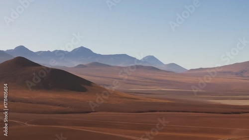 Aerial shot of the majestic mountains and volcanoes in the Atacama highlands captured in summer under clear skies showing the vast and remote beauty of the Chilean altiplano
