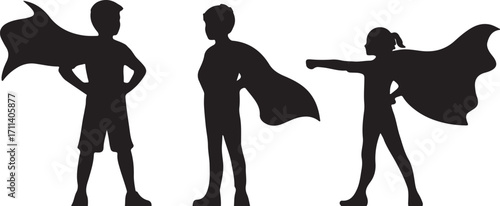 Silhouettes of three children in superhero capes striking heroic poses.