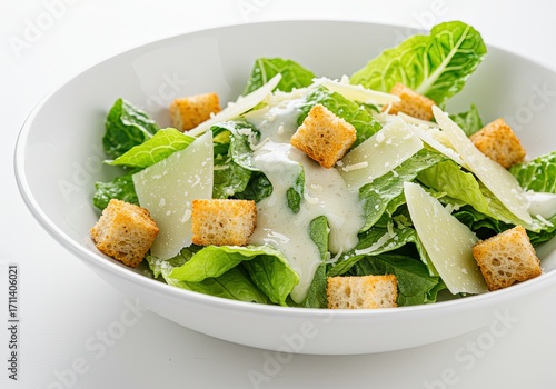 Classic Caesar Salad with Croutons on White Background 