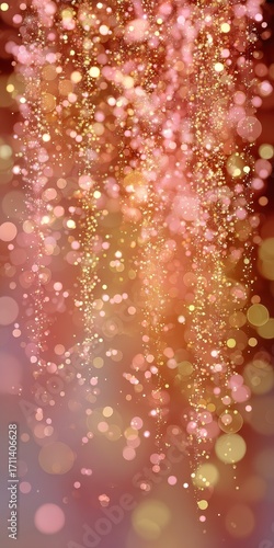 Sparkling golden and pink bokeh lights cascade creating a magical, festive, and celebratory atmosphere for special events and promotions