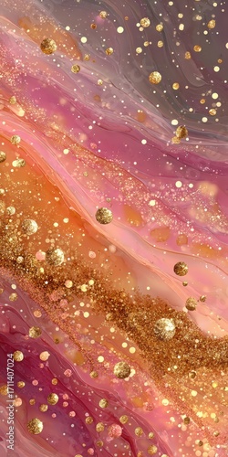 Luxurious swirling pink and gold abstract fluid art with shimmering glitter particles, perfect for elegant backgrounds