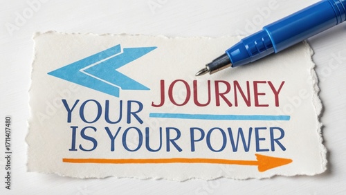 Inspirational quote about personal growth with colorful text and a blue pen on white textured background