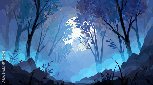 Misty forest at night