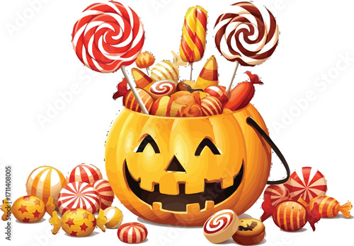 Pumpkin bucket overflowing with halloween candy and lollipops on a white background