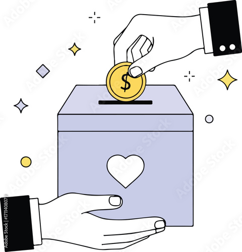Hand putting coin in donation box isolated on white background