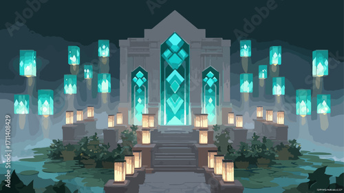 Teal lit structure in a pond landscape