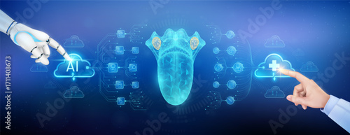 Doctor finger and robot touching plus sign and AI in clouds. Tongue organ translucent polygon with medical network icons. Cyborg human collaboration. Health care technology digital. Banner vector.