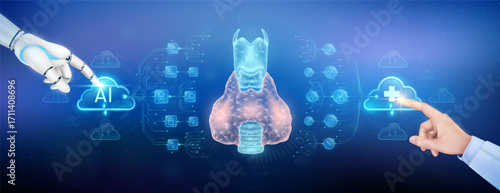Doctor finger and robot touching plus sign and AI in clouds. Thyroid gland organ translucent polygon with medical network icons. Cyborg human collaboration. Health care technology digital. Vector.