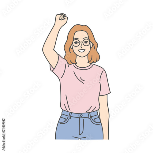 A joyful young woman with glasses raises her hand confidently, showcasing happiness and determination