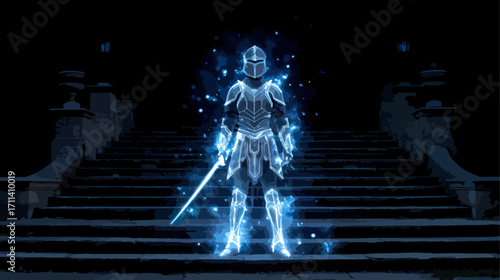 Knight in glowing armor on dark stairs