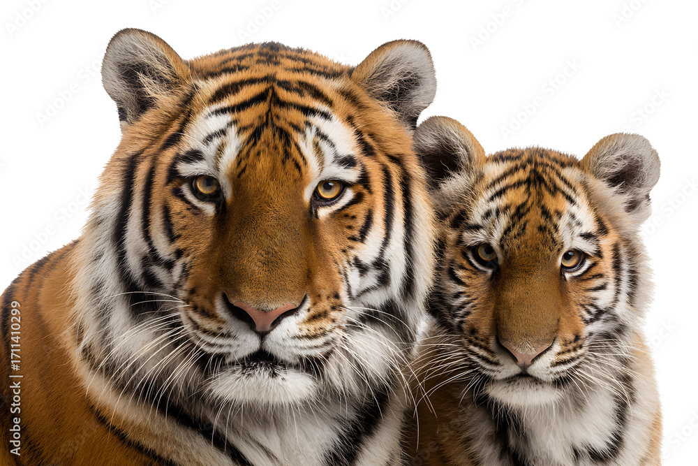 Obraz premium Close-up of a tiger mother and her cub isolated on transparent background