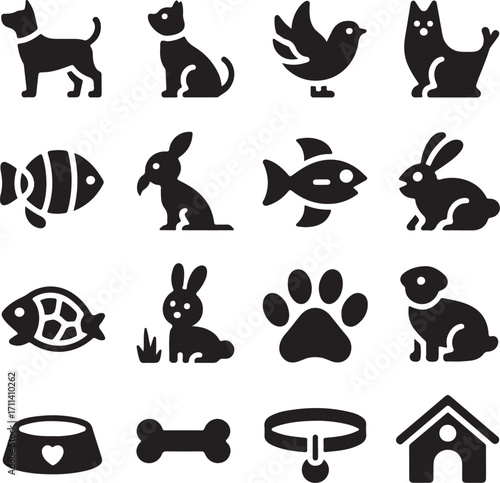 Cute pet icons, dog, cat, rabbit, bird, fish, bone, house