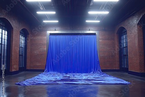 A spacious room with brick walls features a large blue curtain and a blue fabric spread across the floor, illuminated by overhead lights.